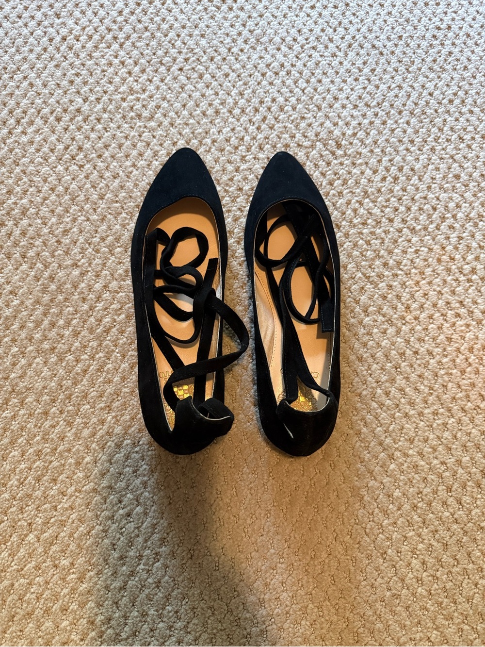 Vince Camuto Bevian Black Suede Lace-Up Pointed Toe Ballet Flats - Size 7.5